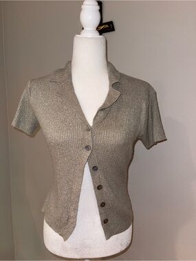 Metallic Taupe Short-Sleeve Button-Down Knit Top